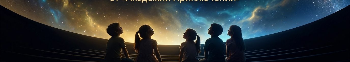 Дети сидят под куполом планетария и смотрят вверх на звёзды